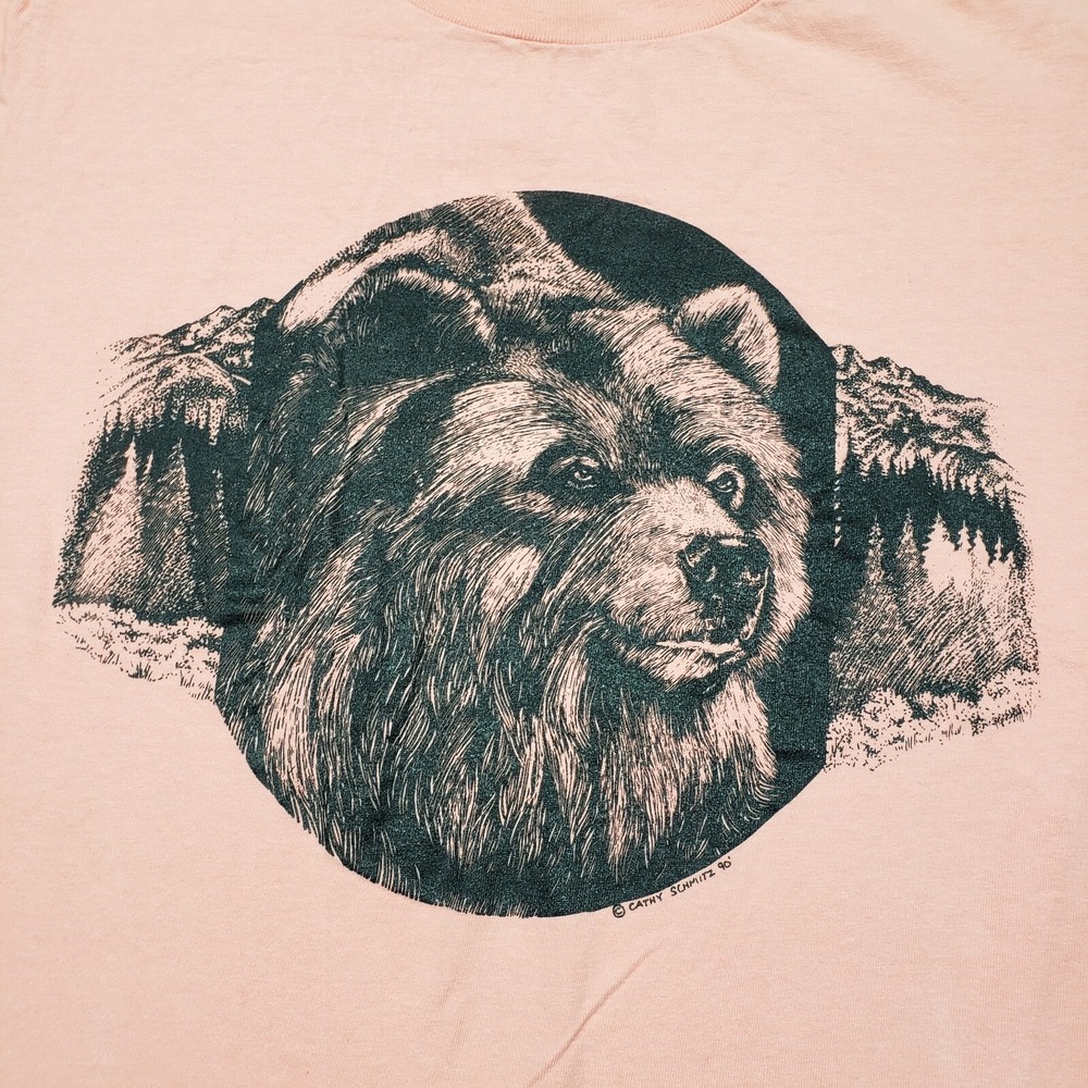Vintage Bear Nature Shirt Womens Large Pink Oneita Made USA Single Stitch...